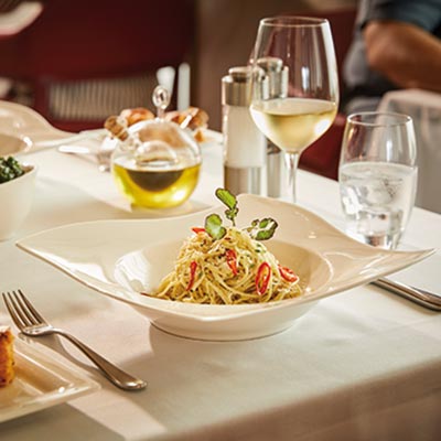 Spaghetti Aglio e Olio in the Amalfi restaurant on Spirit of Adventure